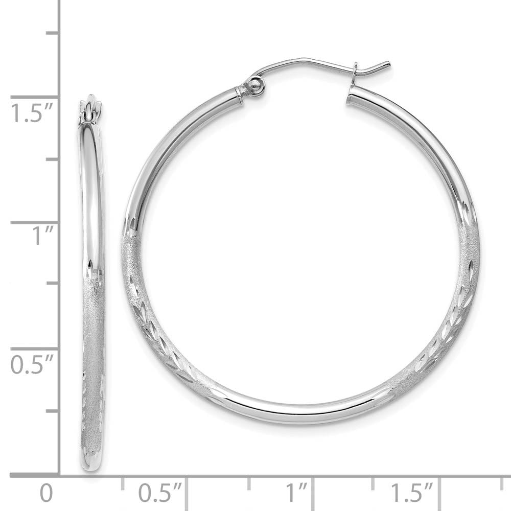 Alternate view of the 2mm x 35mm 14k White Gold Satin & Diamond-Cut Round Hoop Earrings by The Black Bow Jewelry Co.