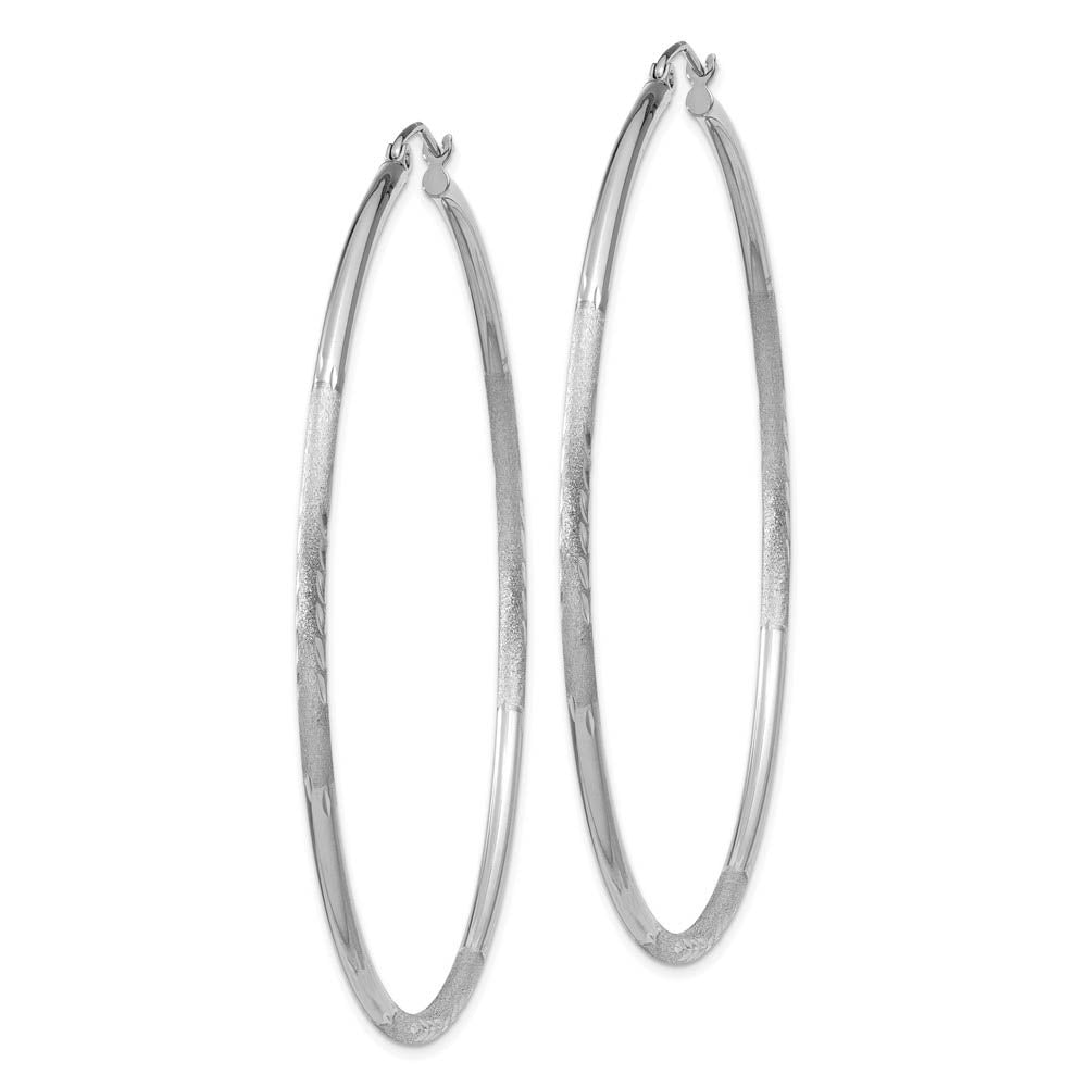 Alternate view of the 2mm x 60mm 14k White Gold Satin & Diamond-Cut Round Hoop Earrings by The Black Bow Jewelry Co.