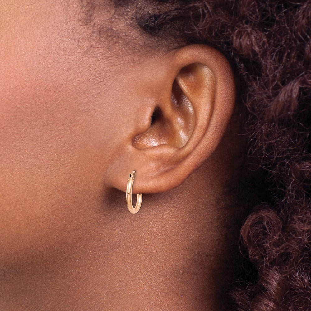 Alternate view of the 2mm x 15mm 14k Rose Gold Round Tube Hoop Earrings by The Black Bow Jewelry Co.