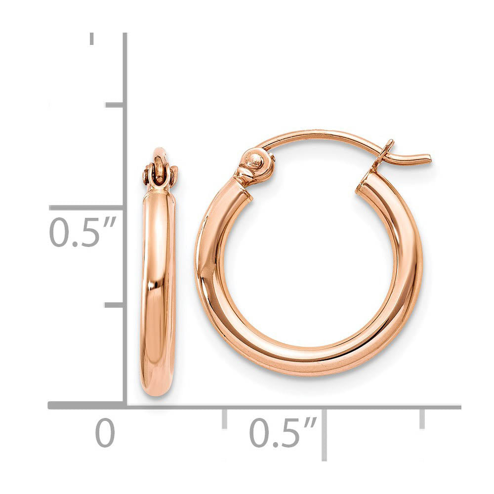 Alternate view of the 2mm x 15mm 14k Rose Gold Round Tube Hoop Earrings by The Black Bow Jewelry Co.