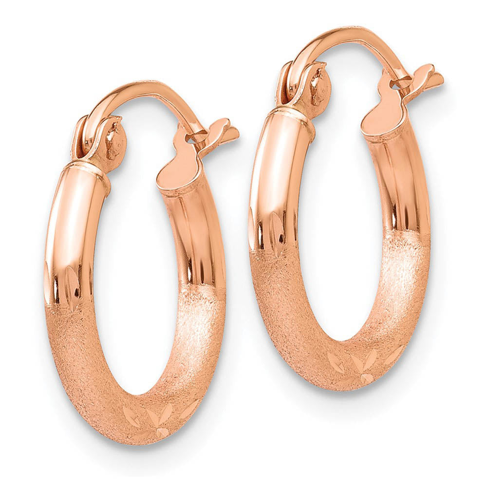 Alternate view of the 2mm x 13mm 14k Rose Gold Satin & Diamond-Cut Round Hoop Earrings by The Black Bow Jewelry Co.