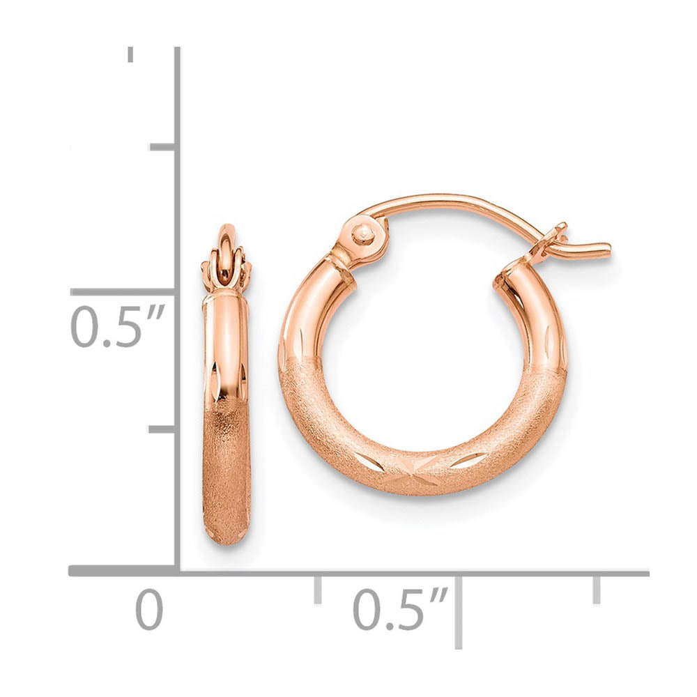 Alternate view of the 2mm x 13mm 14k Rose Gold Satin & Diamond-Cut Round Hoop Earrings by The Black Bow Jewelry Co.