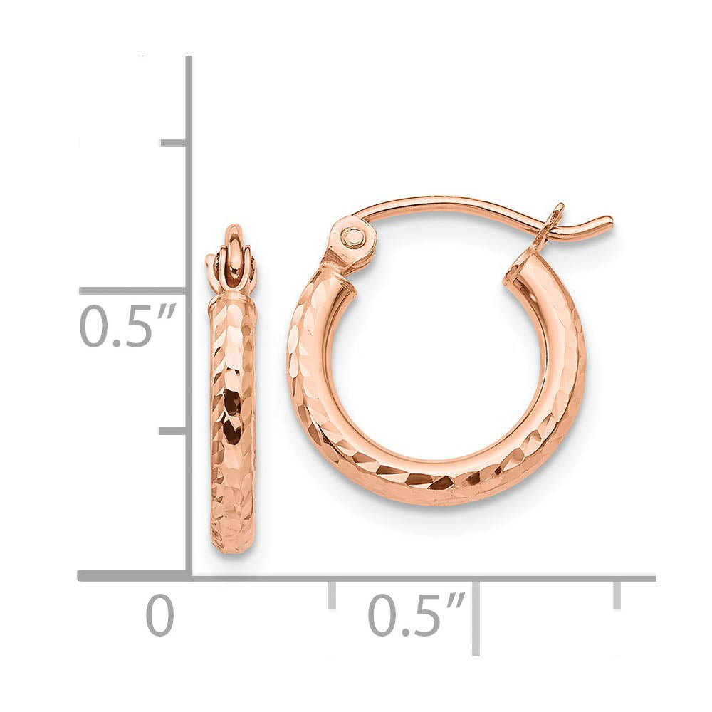 Alternate view of the 2mm x 13mm 14k Rose Gold Diamond-Cut Round Hoop Earrings by The Black Bow Jewelry Co.