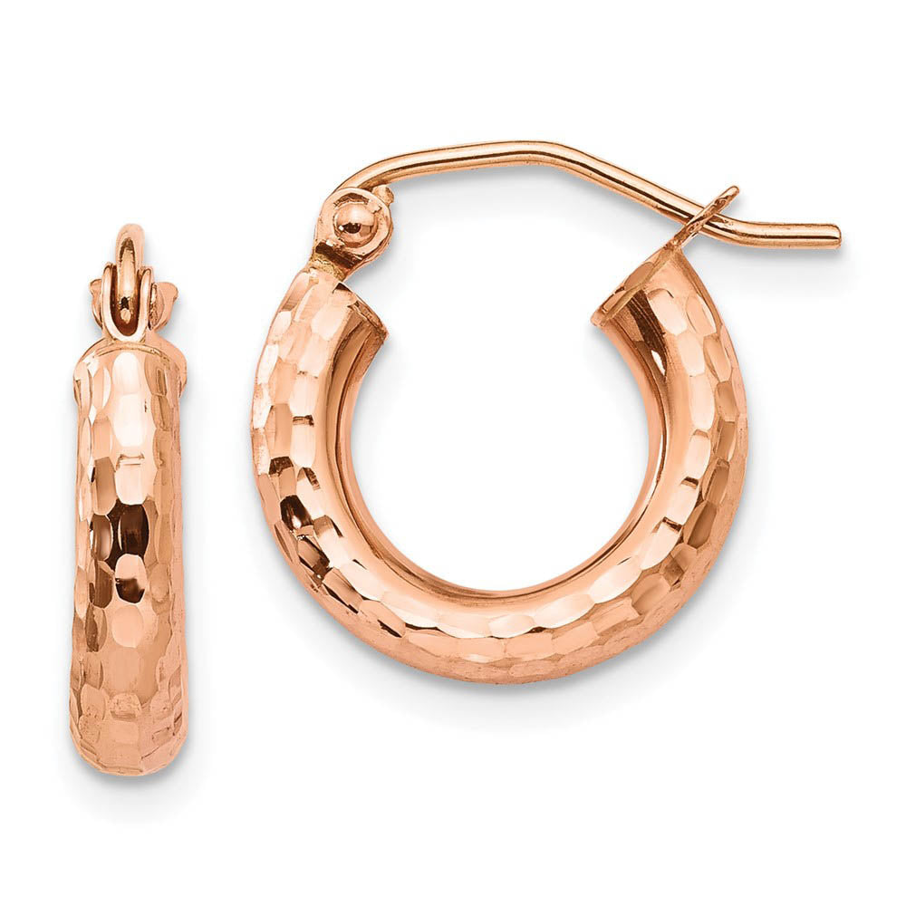 3mm x 14mm 14k Rose Gold Small Diamond-Cut Round Hoop Earrings, Item E13380 by The Black Bow Jewelry Co.