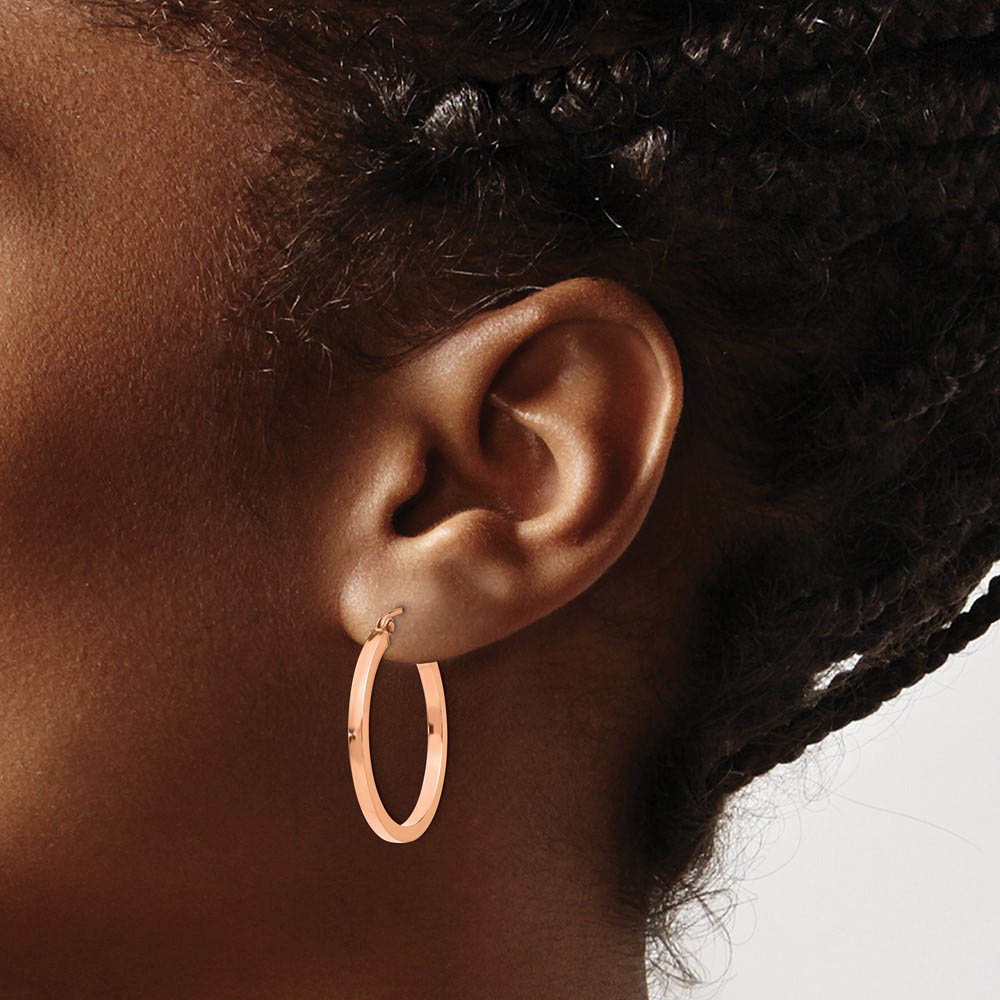 Alternate view of the 2mm x 25mm Polished 14k Rose Gold Square Tube Round Hoop Earrings by The Black Bow Jewelry Co.