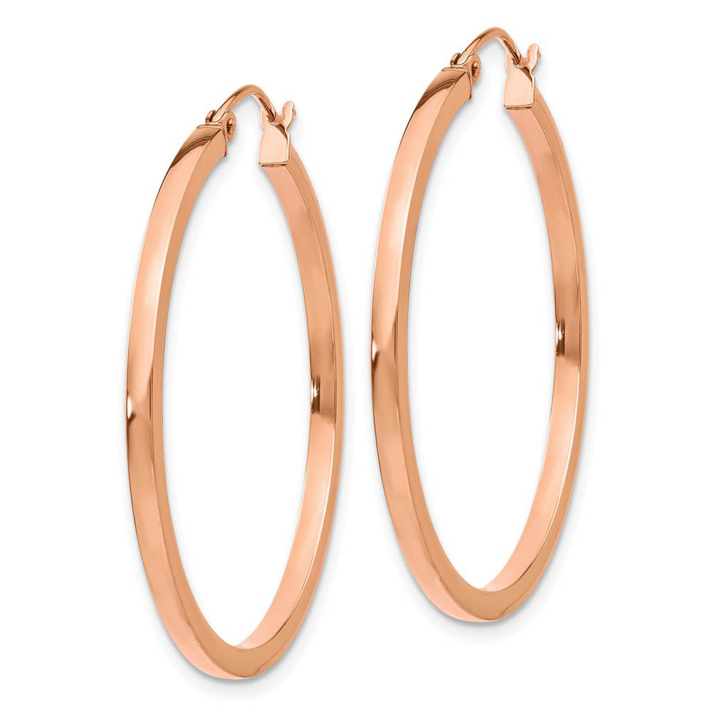 Alternate view of the 2mm x 35mm Polished 14k Rose Gold Square Tube Round Hoop Earrings by The Black Bow Jewelry Co.