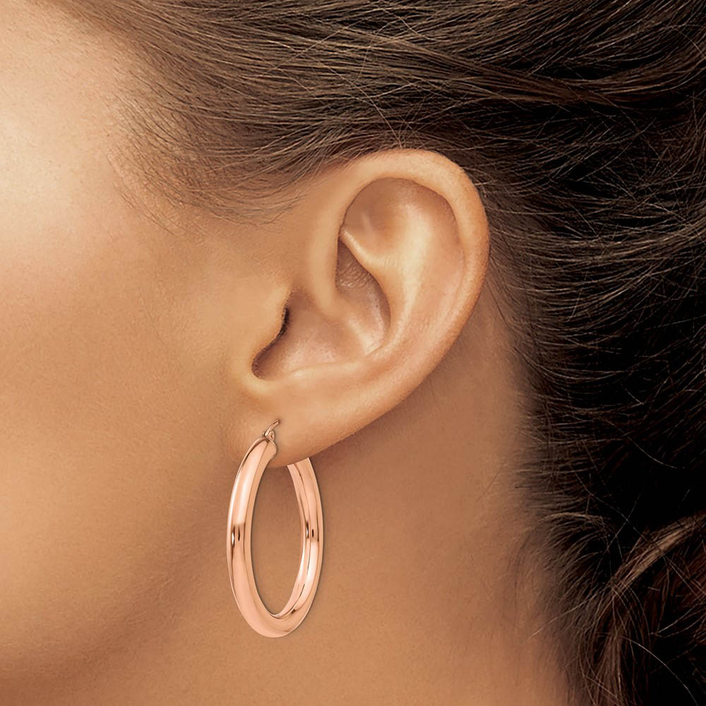 Alternate view of the 4mm x 35mm Polished 14k Rose Gold Large Round Tube Hoop Earrings by The Black Bow Jewelry Co.
