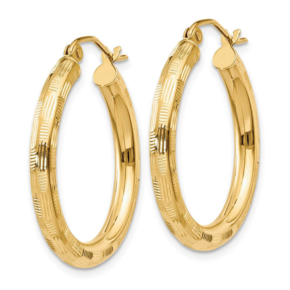 Alternate view of the 3mm x 25mm 14k Yellow Gold Textured Round Hoop Earrings by The Black Bow Jewelry Co.