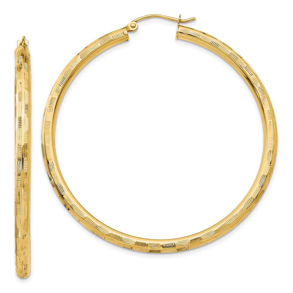 3mm x 50mm 14k Yellow Gold Textured Round Hoop Earrings, Item E13402 by The Black Bow Jewelry Co.