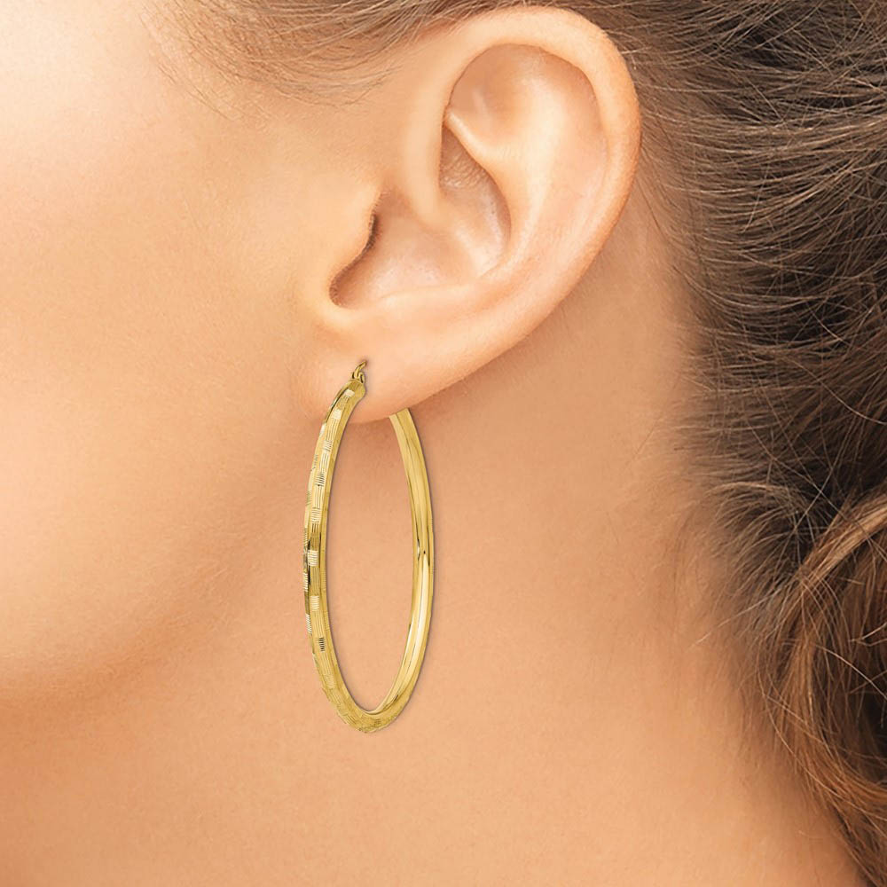 Alternate view of the 3mm x 50mm 14k Yellow Gold Textured Round Hoop Earrings by The Black Bow Jewelry Co.