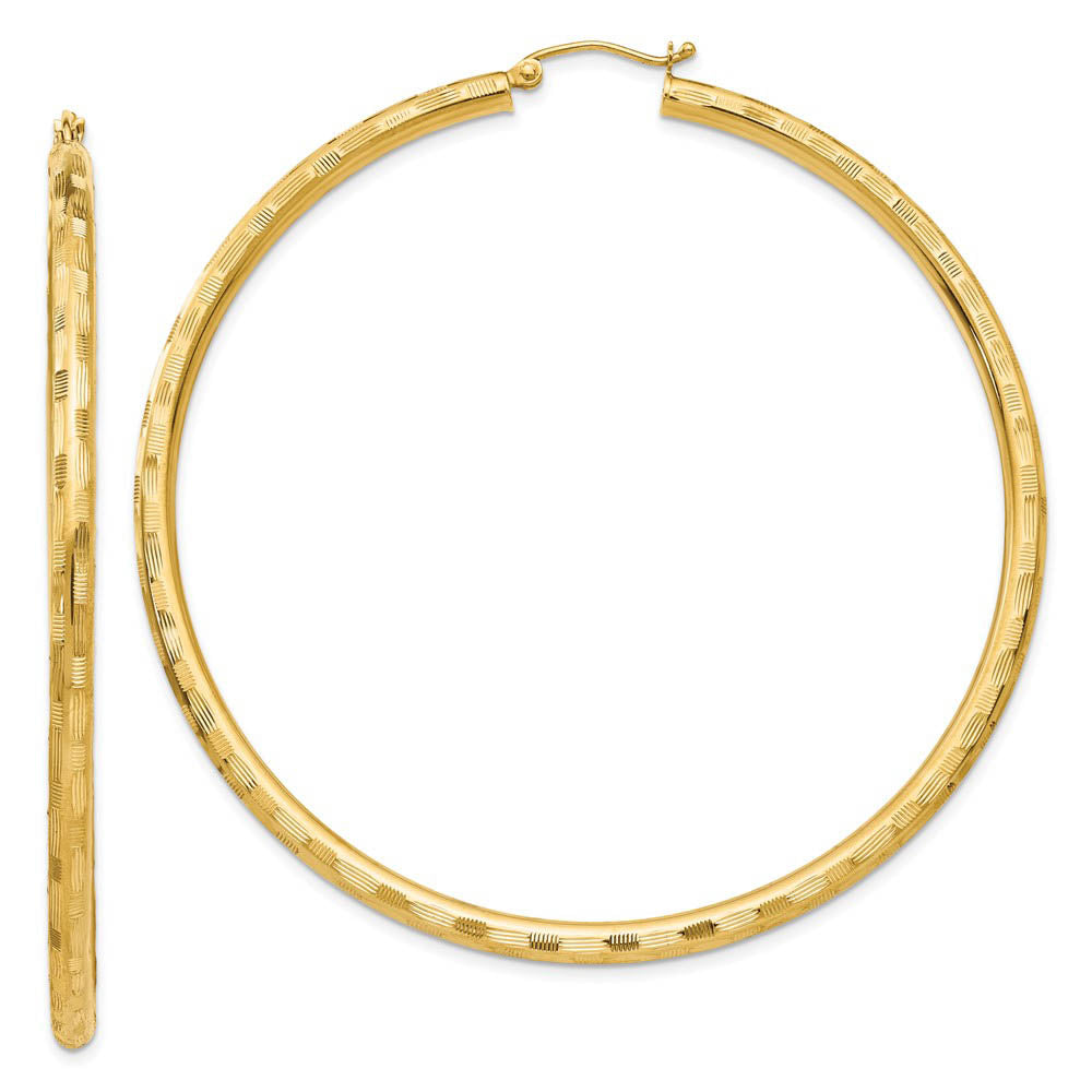 3mm x 65mm 14k Yellow Gold Textured Round Hoop Earrings, Item E13405 by The Black Bow Jewelry Co.