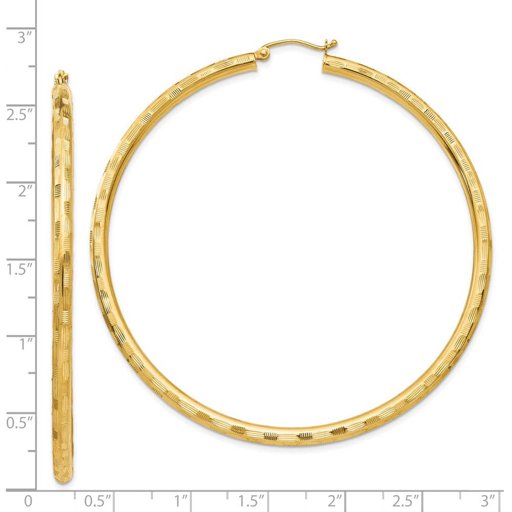 Alternate view of the 3mm x 65mm 14k Yellow Gold Textured Round Hoop Earrings by The Black Bow Jewelry Co.