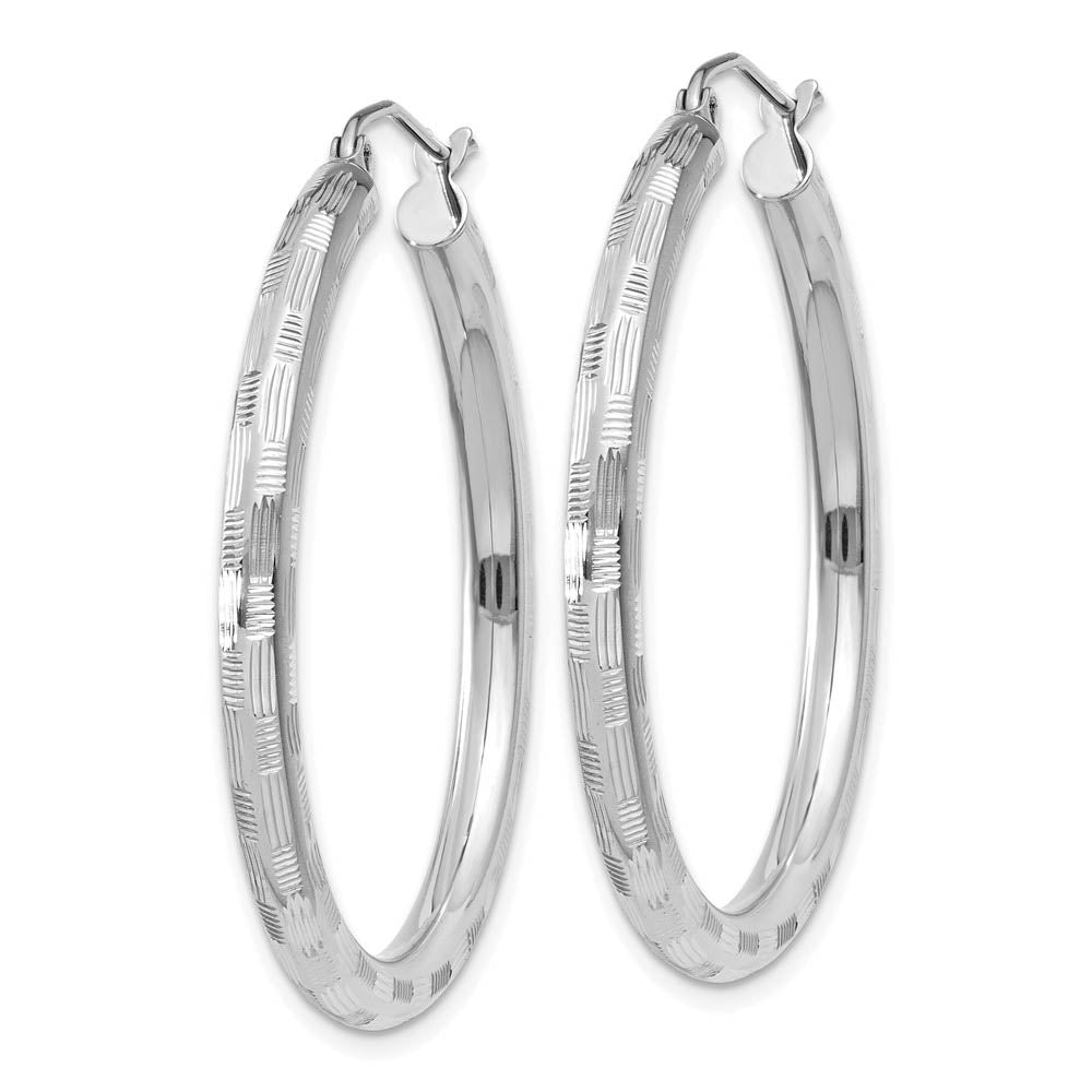Alternate view of the 3mm x 35mm 14k White Gold Textured Round Hoop Earrings by The Black Bow Jewelry Co.