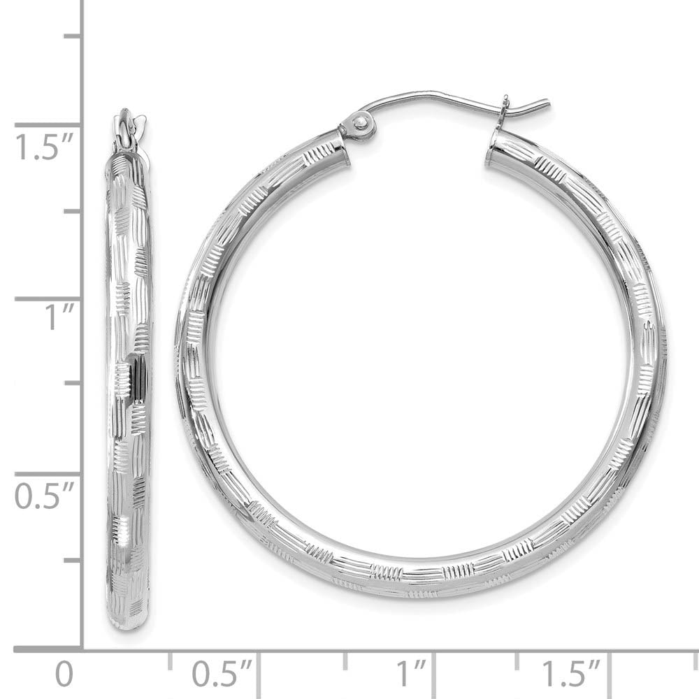 Alternate view of the 3mm x 35mm 14k White Gold Textured Round Hoop Earrings by The Black Bow Jewelry Co.
