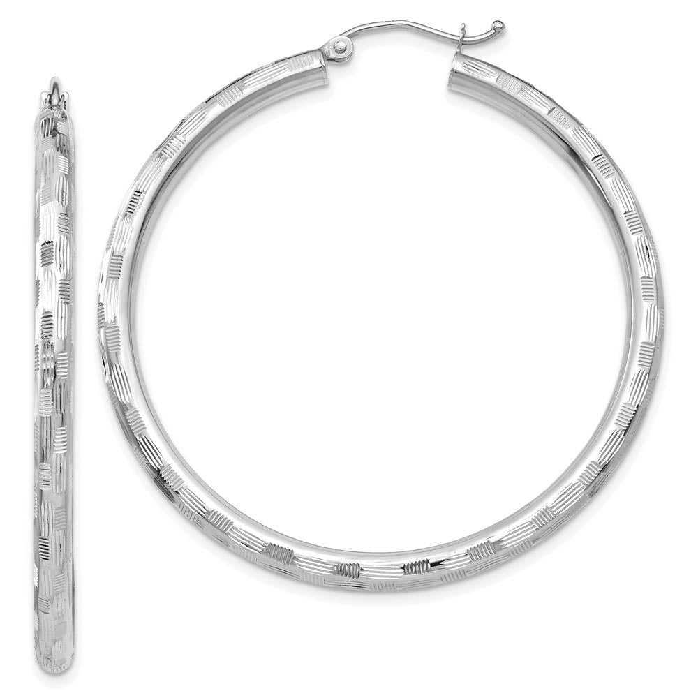 3mm x 45mm 14k White Gold Textured Round Hoop Earrings, Item E13411 by The Black Bow Jewelry Co.