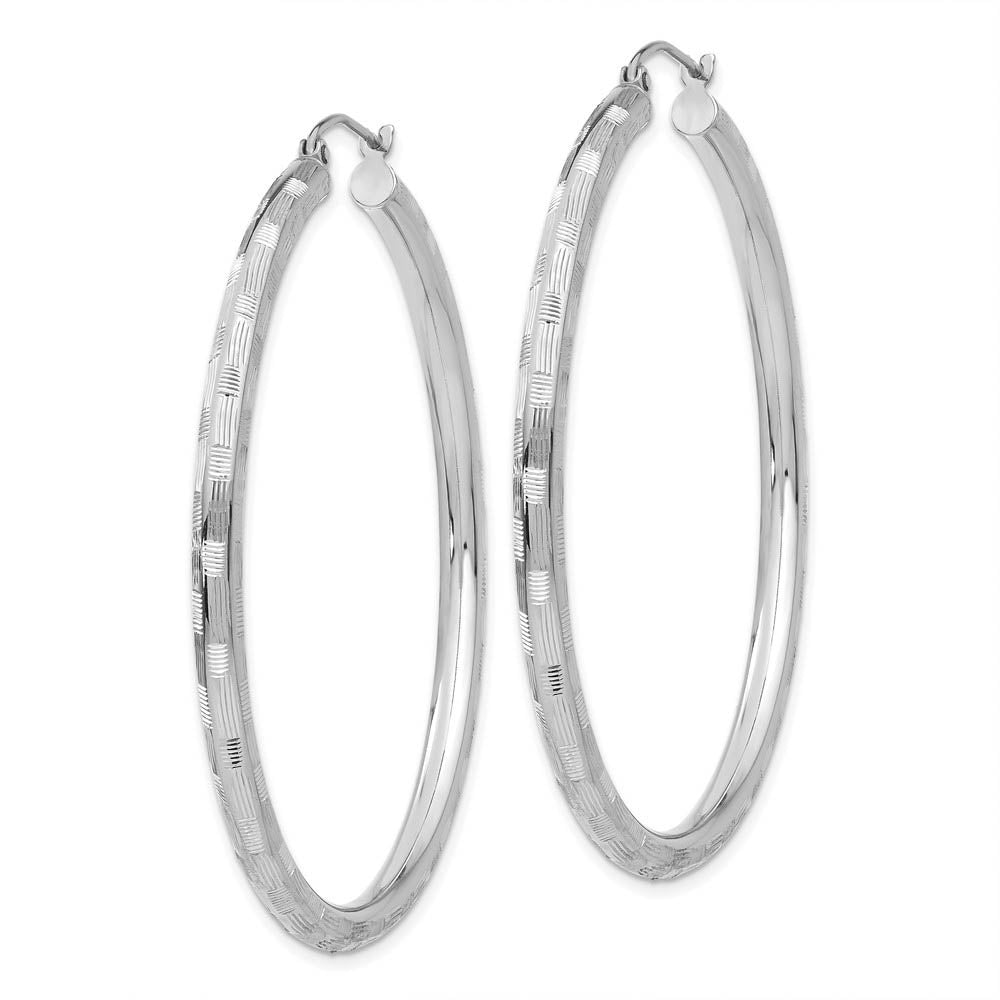 Alternate view of the 3mm x 50mm 14k White Gold Textured Round Hoop Earrings by The Black Bow Jewelry Co.