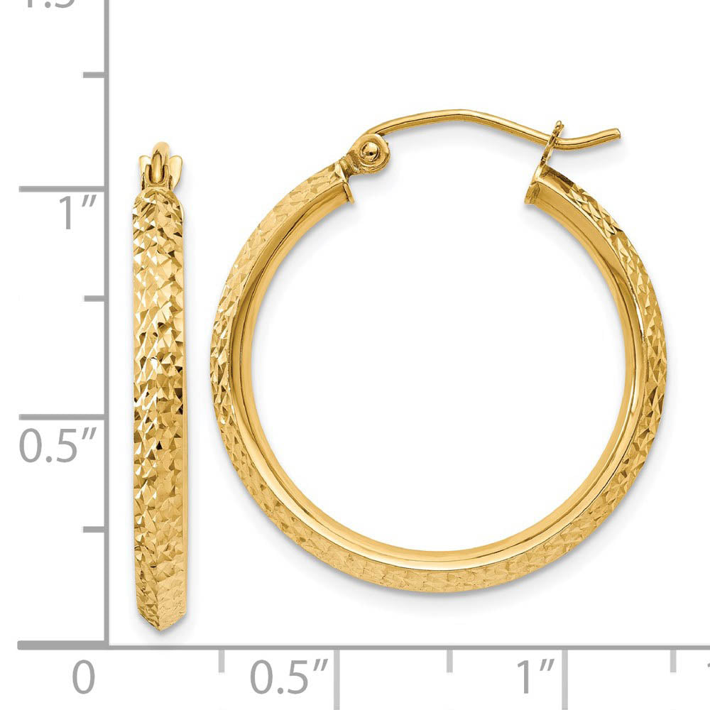 Alternate view of the 2.5mm x 25mm 14k Yellow Gold Knife Edge Diamond-Cut Round Hoops by The Black Bow Jewelry Co.