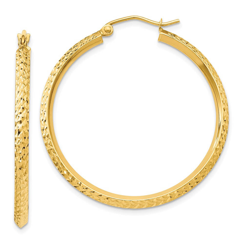 2.5mm x 35mm 14k Yellow Gold Knife Edge Diamond-Cut Round Hoops, Item E13432 by The Black Bow Jewelry Co.