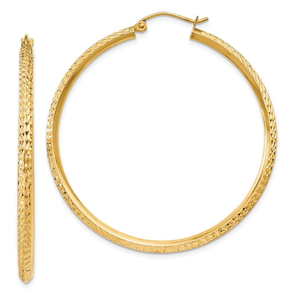 2.5mm x 45mm 14k Yellow Gold Knife Edge Diamond-Cut Round Hoops, Item E13433 by The Black Bow Jewelry Co.