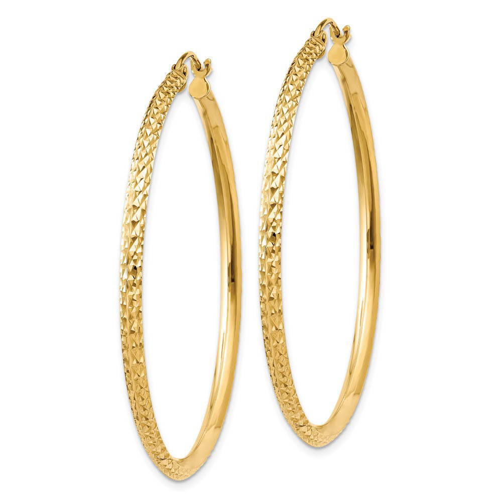 Alternate view of the 2.5mm x 45mm 14k Yellow Gold Knife Edge Diamond-Cut Round Hoops by The Black Bow Jewelry Co.