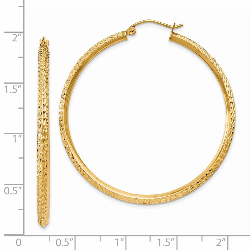 Alternate view of the 2.5mm x 45mm 14k Yellow Gold Knife Edge Diamond-Cut Round Hoops by The Black Bow Jewelry Co.