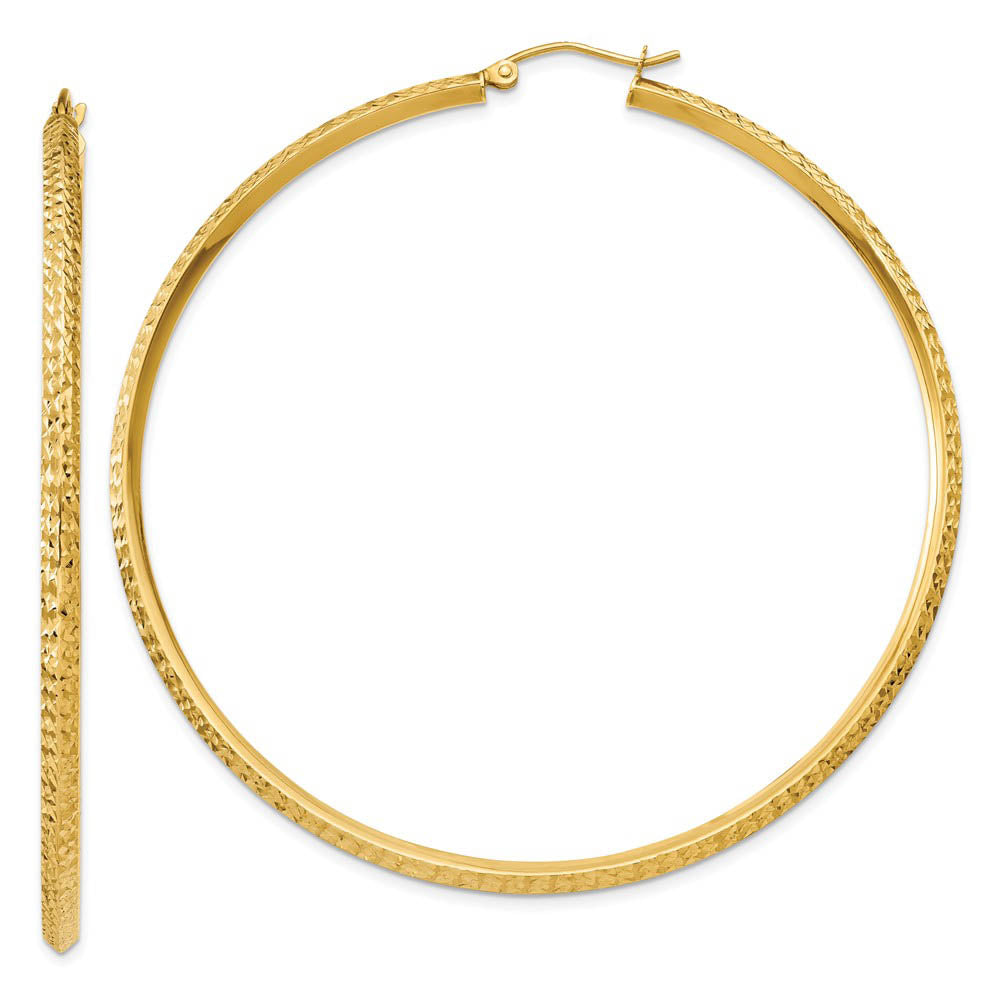 2.5mm x 65mm 14k Yellow Gold Knife Edge Diamond-Cut Round Hoops, Item E13435 by The Black Bow Jewelry Co.