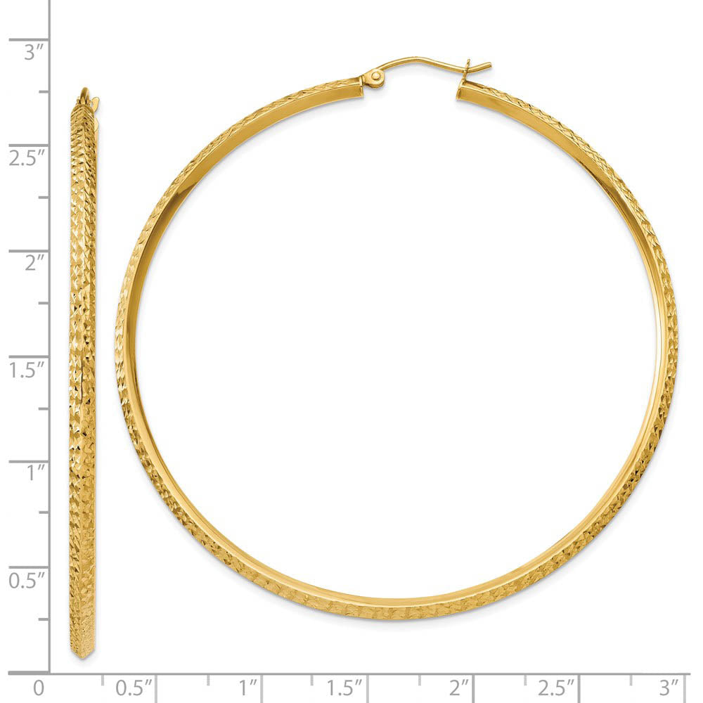 Alternate view of the 2.5mm x 65mm 14k Yellow Gold Knife Edge Diamond-Cut Round Hoops by The Black Bow Jewelry Co.