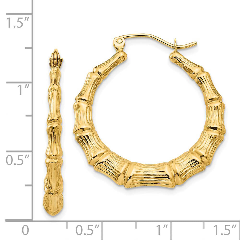Alternate view of the 4mm x 26mm 14k Yellow Gold Hollow Bamboo Inspired Hoop Earrings by The Black Bow Jewelry Co.