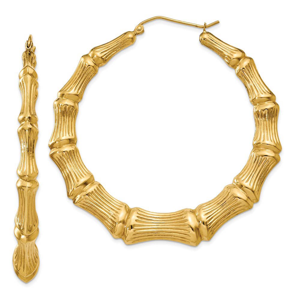 10mm x 55mm 14k Yellow Gold Hollow Bamboo Inspired Hoop Earrings, Item E13444 by The Black Bow Jewelry Co.
