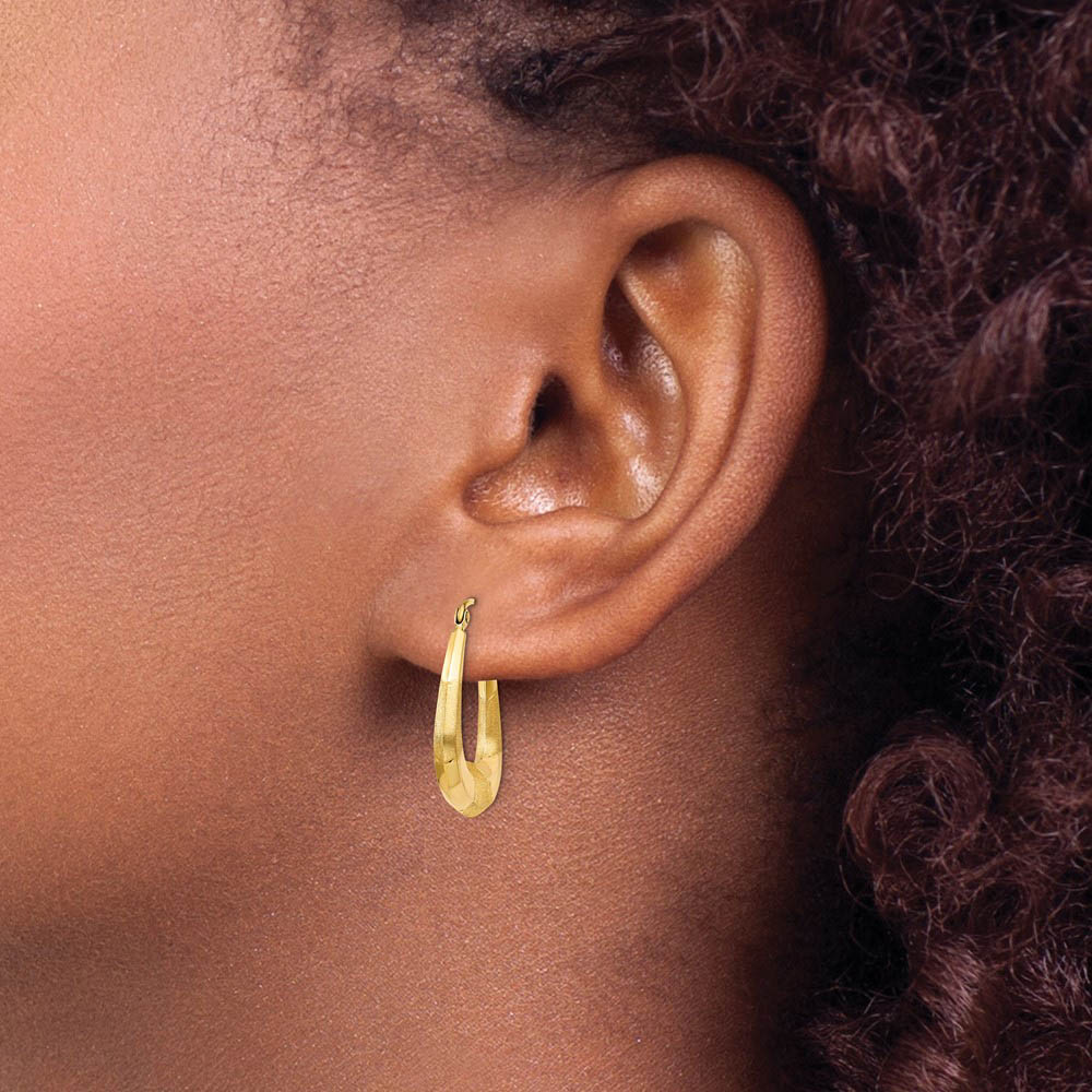 Alternate view of the 4 x 23mm 14k Yellow Gold Polished, Satin and D/C Striped Creole Hoops by The Black Bow Jewelry Co.