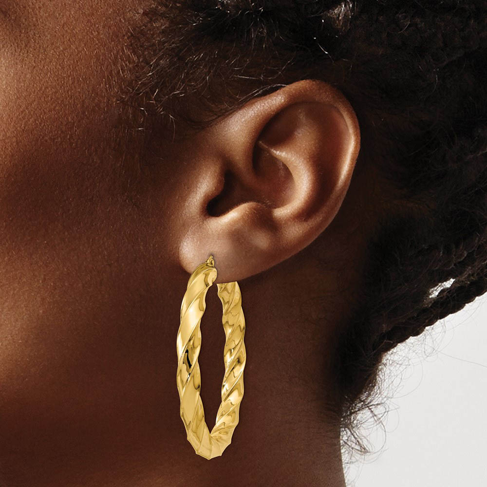 Alternate view of the 5mm x 43mm Polished 14k Yellow Gold Round Twisted Hoop Earrings by The Black Bow Jewelry Co.