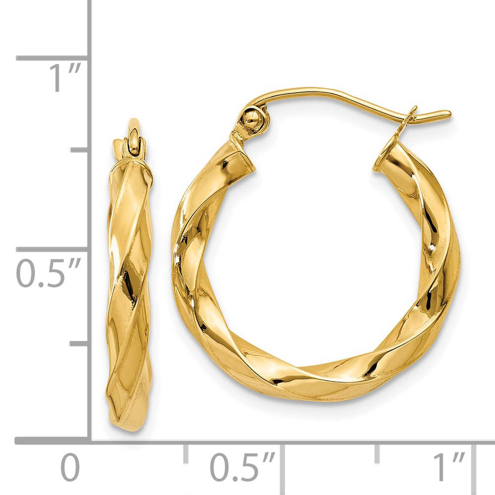 Alternate view of the 3mm x 22mm Polished 14k Yellow Gold Medium Twisted Round Hoop Earrings by The Black Bow Jewelry Co.