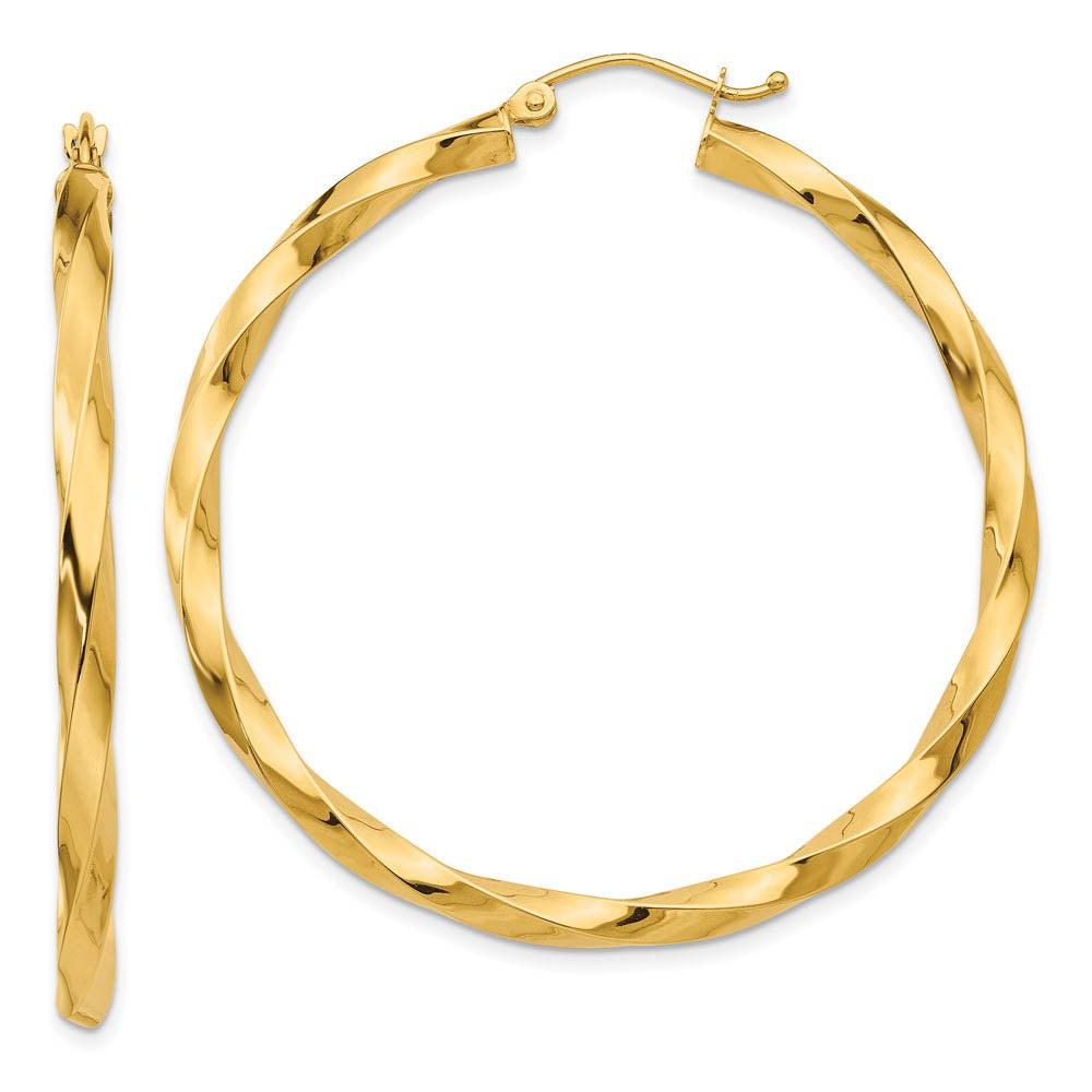 3mm x 43mm Polished 14k Yellow Gold Large Twisted Round Hoop Earrings, Item E13500 by The Black Bow Jewelry Co.