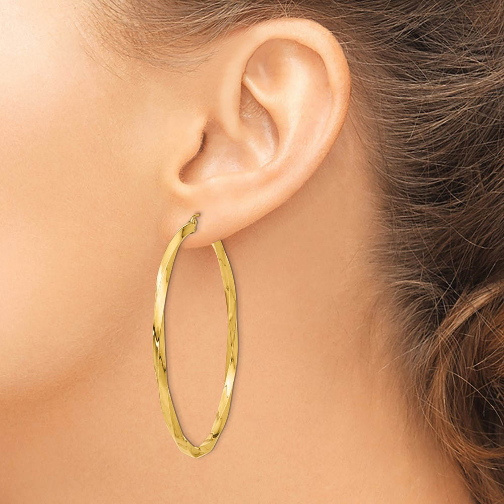 Alternate view of the 3 x 60mm Polished 14k Yellow Gold X-Large Twisted Round Hoop Earrings by The Black Bow Jewelry Co.