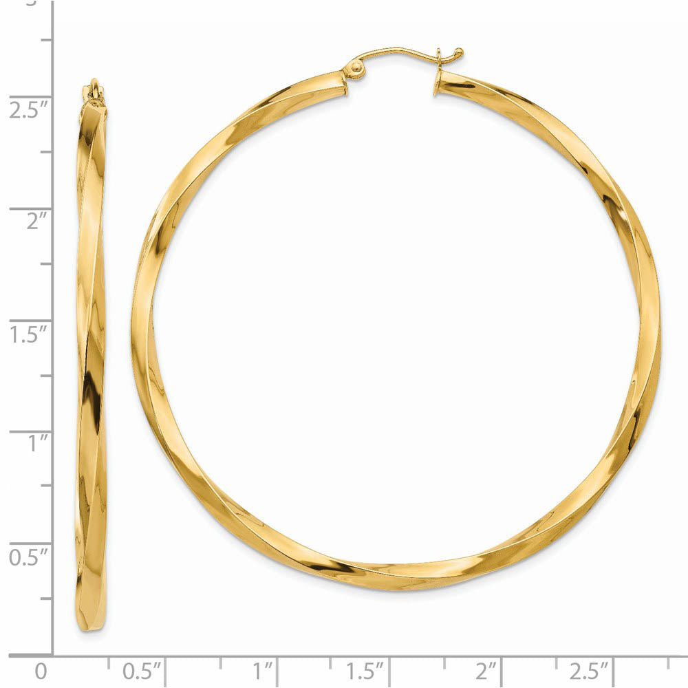 Alternate view of the 3 x 60mm Polished 14k Yellow Gold X-Large Twisted Round Hoop Earrings by The Black Bow Jewelry Co.