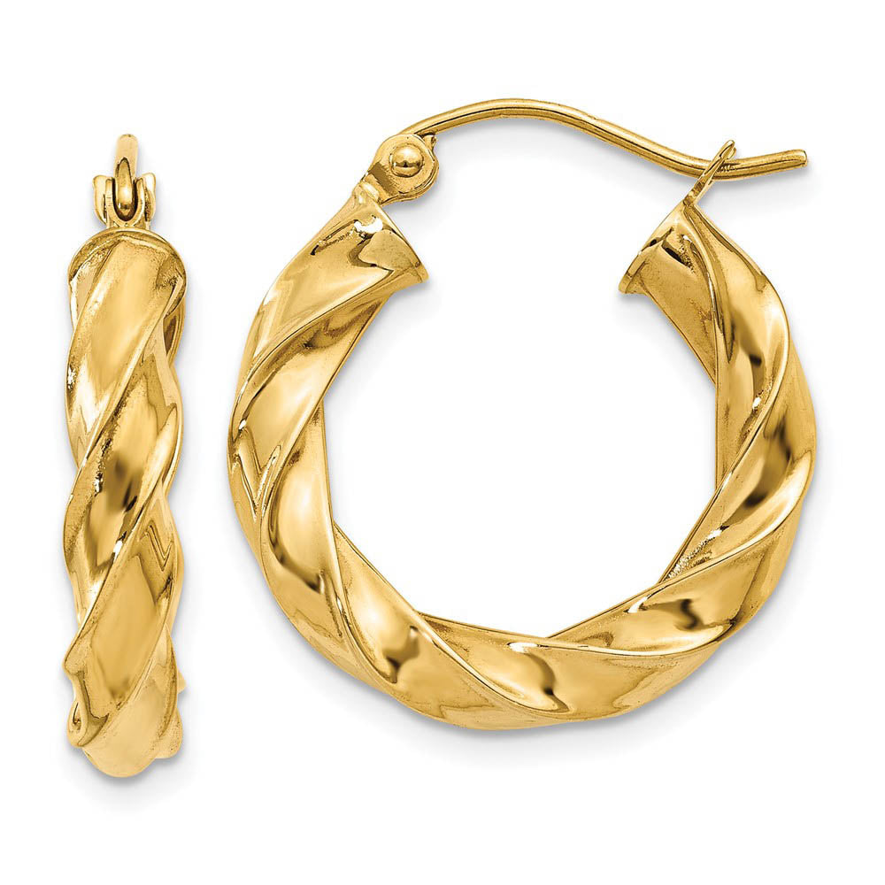 4mm x 21mm Polished 14k Yellow Gold Hollow Twisted Round Hoop Earrings, Item E13506 by The Black Bow Jewelry Co.