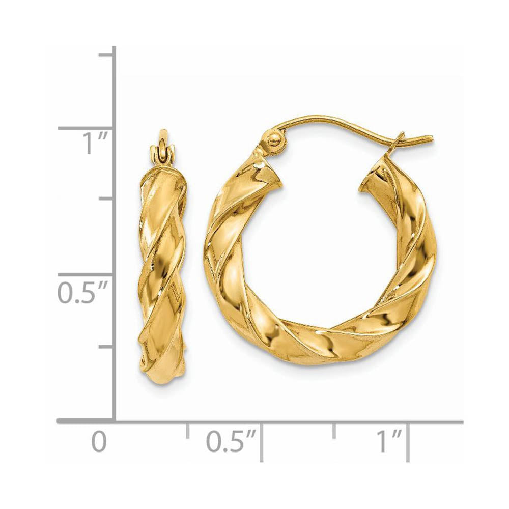 Alternate view of the 4mm x 21mm Polished 14k Yellow Gold Hollow Twisted Round Hoop Earrings by The Black Bow Jewelry Co.