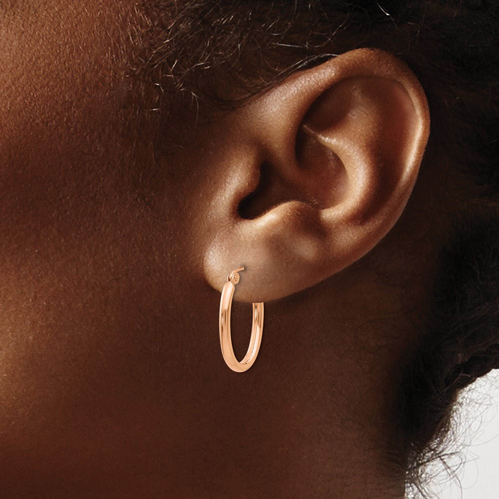 Alternate view of the 2mm x 27mm Polished 14k Rose Gold Classic Oval Hoop Earrings by The Black Bow Jewelry Co.