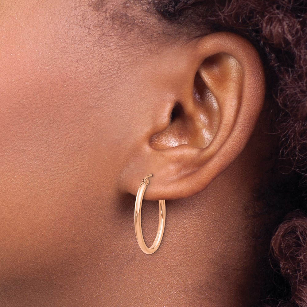 Alternate view of the 2mm x 31mm Polished 14k Rose Gold Classic Oval Hoop Earrings by The Black Bow Jewelry Co.
