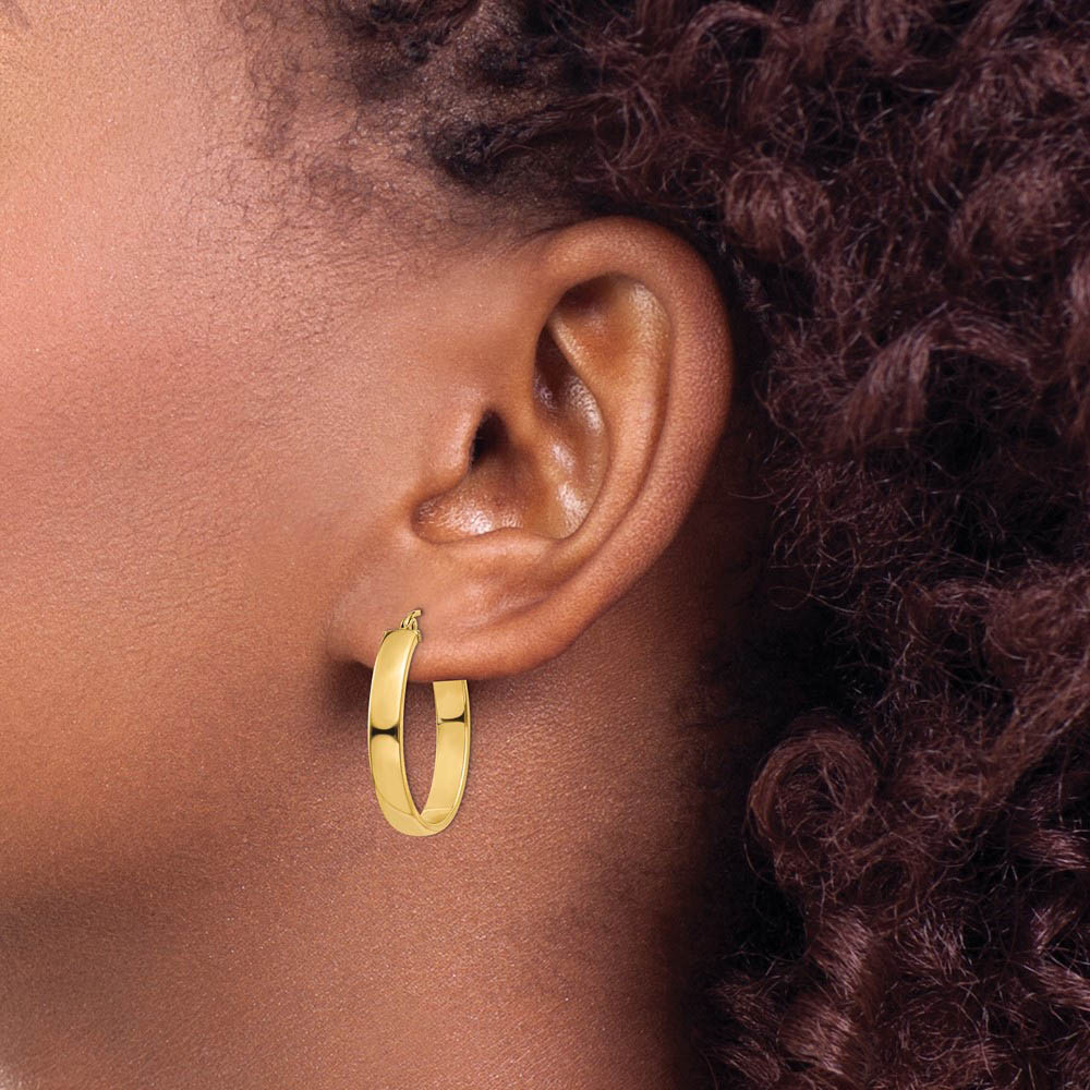 Alternate view of the 4mm x 25mm Polished 14k Yellow Gold Rectangular Tube Oval Hoops by The Black Bow Jewelry Co.