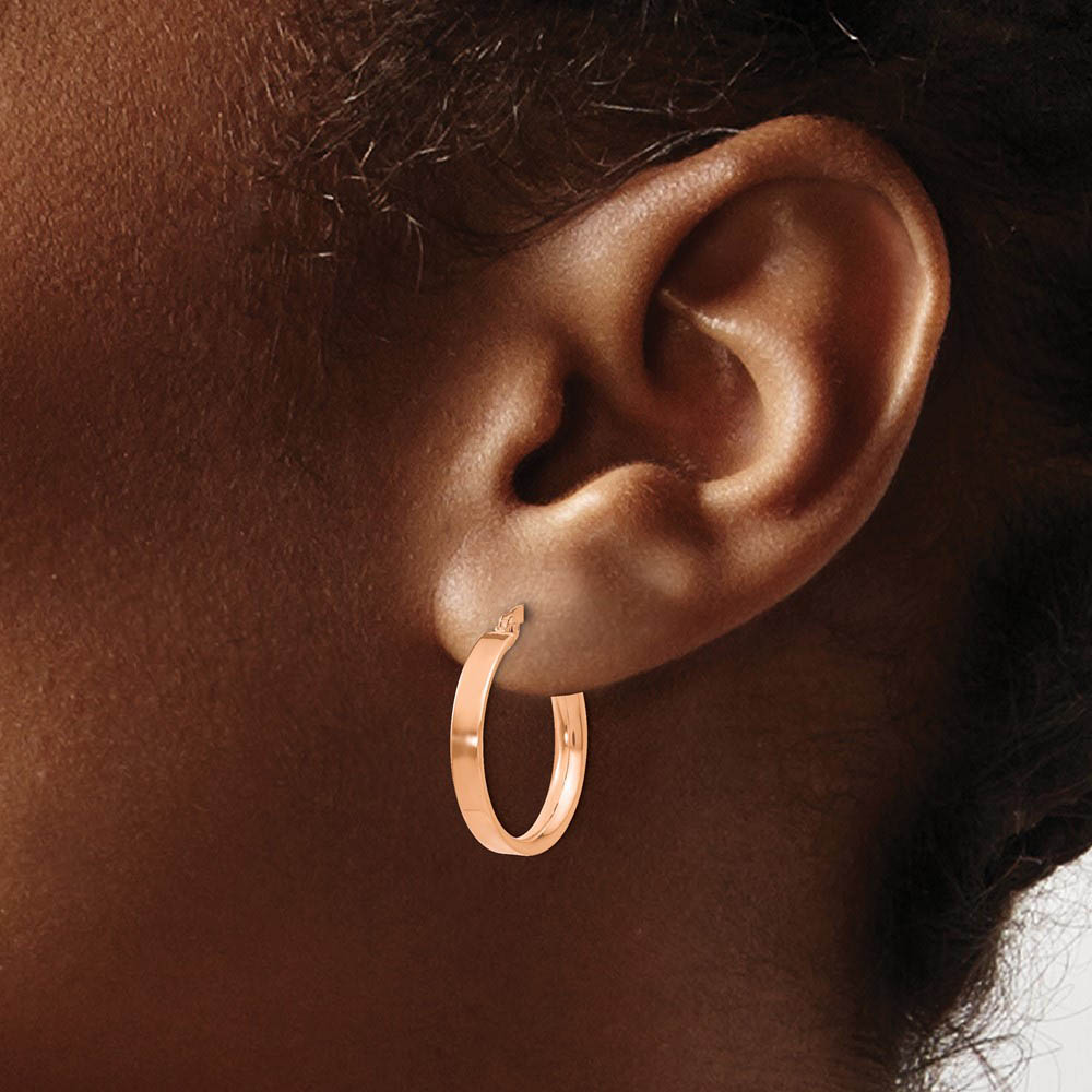 Alternate view of the 3mm x 18mm Rose Rhodium Plated 14k Yellow Gold Round Hoop Earrings by The Black Bow Jewelry Co.
