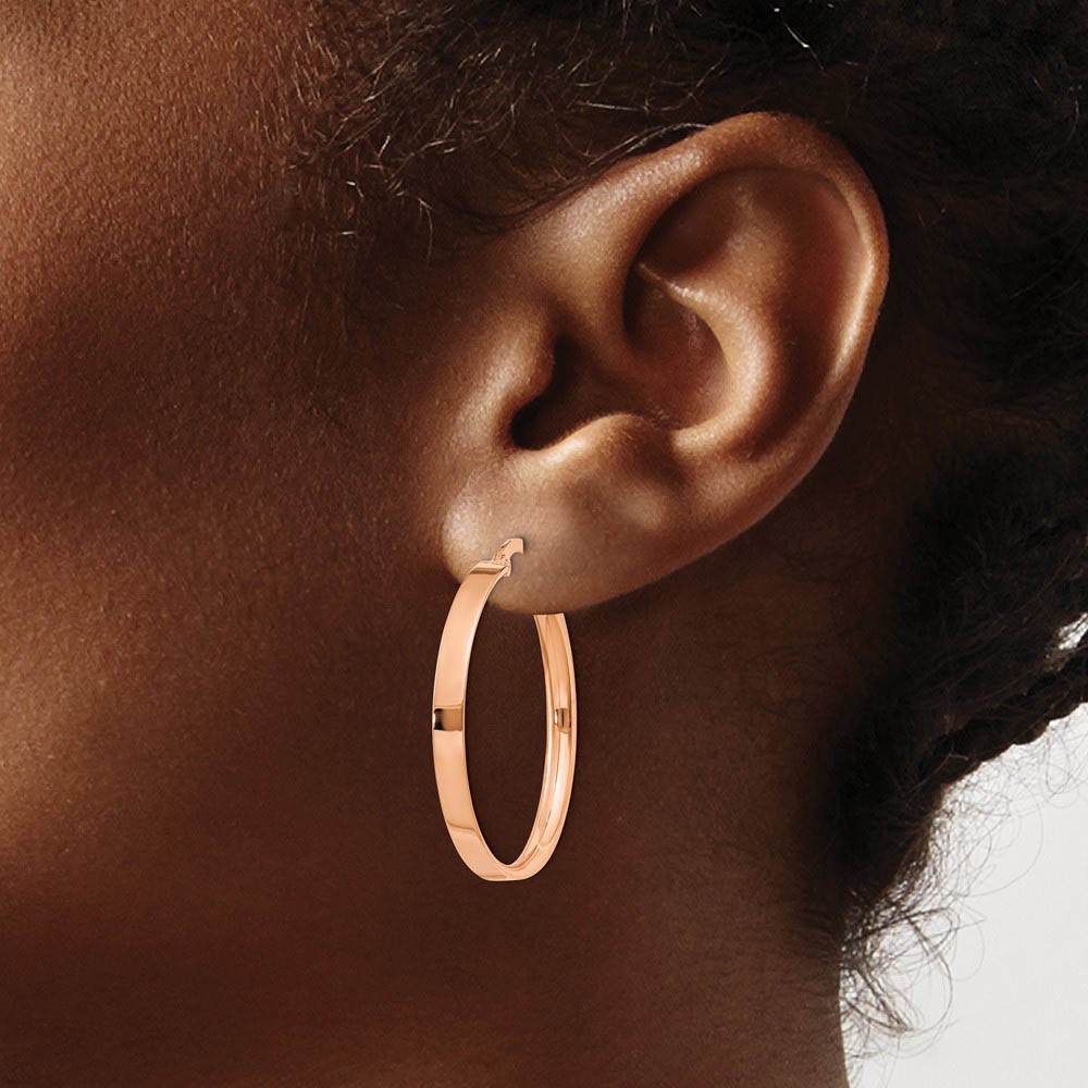 Alternate view of the 3mm x 29mm Rose Rhodium Plated 14k Yellow Gold Round Hoop Earrings by The Black Bow Jewelry Co.