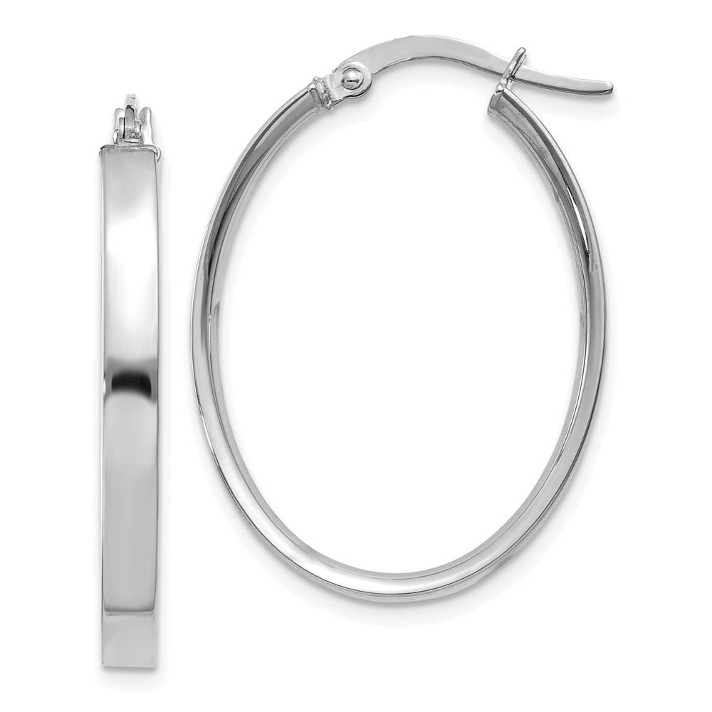 3mm x 29mm White Rhodium Plated 14k Yellow Gold Oval Hoop Earrings, Item E13599 by The Black Bow Jewelry Co.