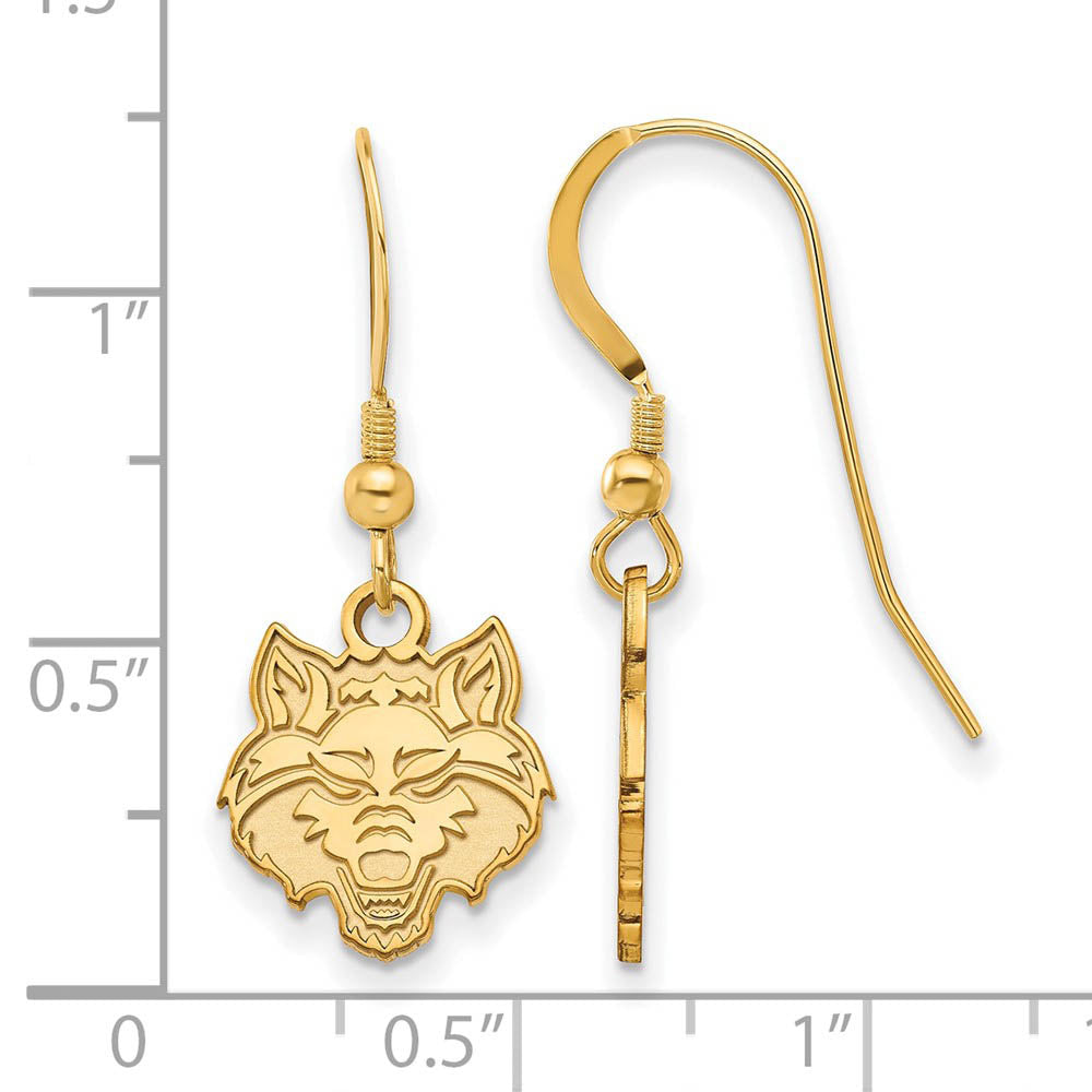 Alternate view of the 14k Gold Plated Silver Arkansas State University Dangle Earring by The Black Bow Jewelry Co.