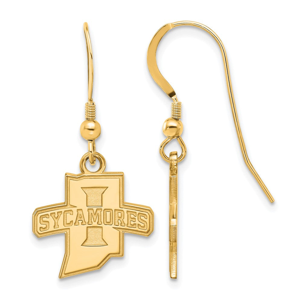 14k Gold Plated Silver Indiana State University Dangle Earrings, Item E13790 by The Black Bow Jewelry Co.