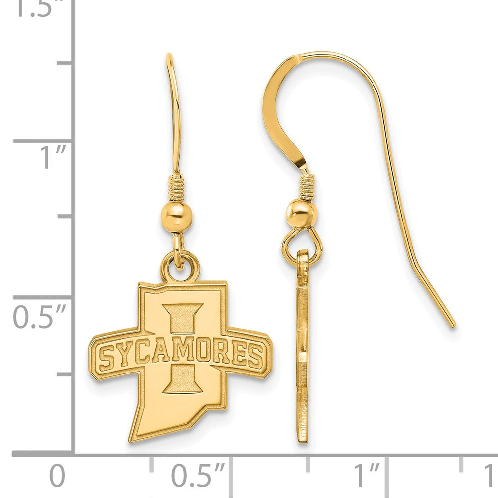 Alternate view of the 14k Gold Plated Silver Indiana State University Dangle Earrings by The Black Bow Jewelry Co.