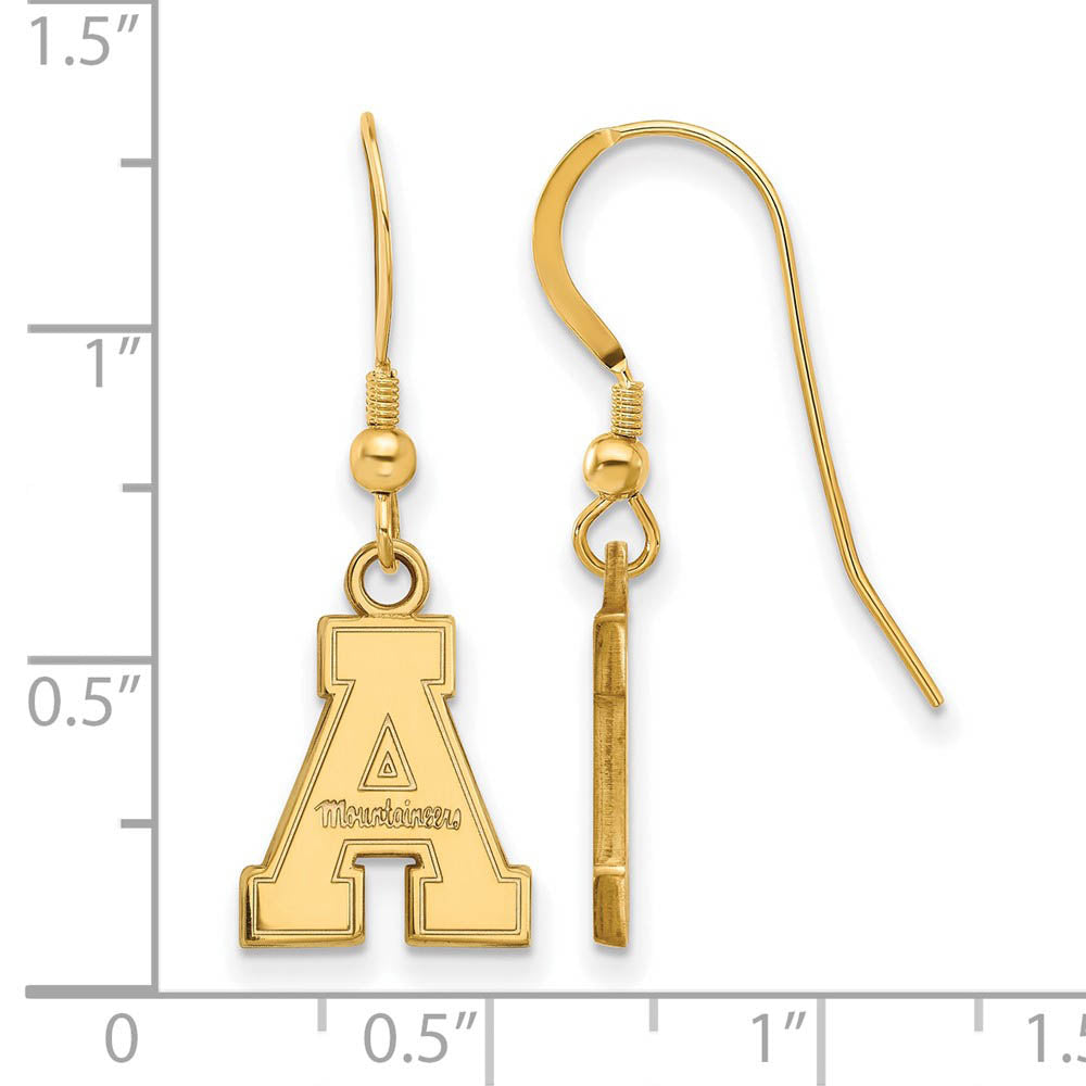 Alternate view of the 14k Gold Plated Silver Appalachian State U Small Dangle Earrings by The Black Bow Jewelry Co.