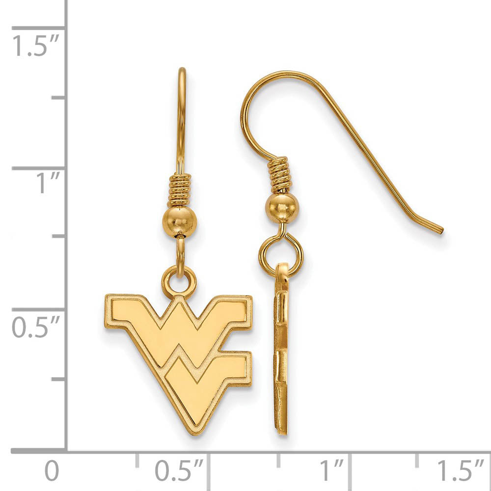 Alternate view of the 14k Gold Plated Silver West Virginia Univ. SM 'WV' Dangle Earrings by The Black Bow Jewelry Co.