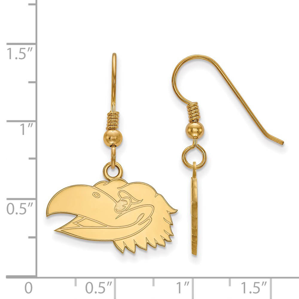 Alternate view of the 14k Gold Plated Silver Univ. of Kansas Small Dangle Earrings by The Black Bow Jewelry Co.