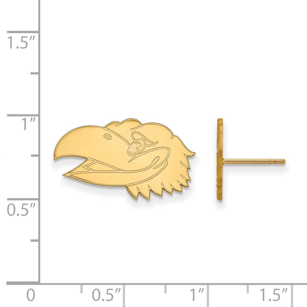 Alternate view of the 10k Yellow Gold University of Kansas Small Mascot Head Post Earrings by The Black Bow Jewelry Co.